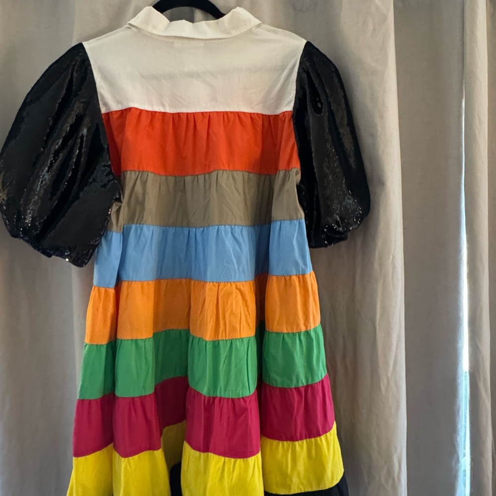Queen of Sparkles Colorful Striped Dress with Puff Sleeves